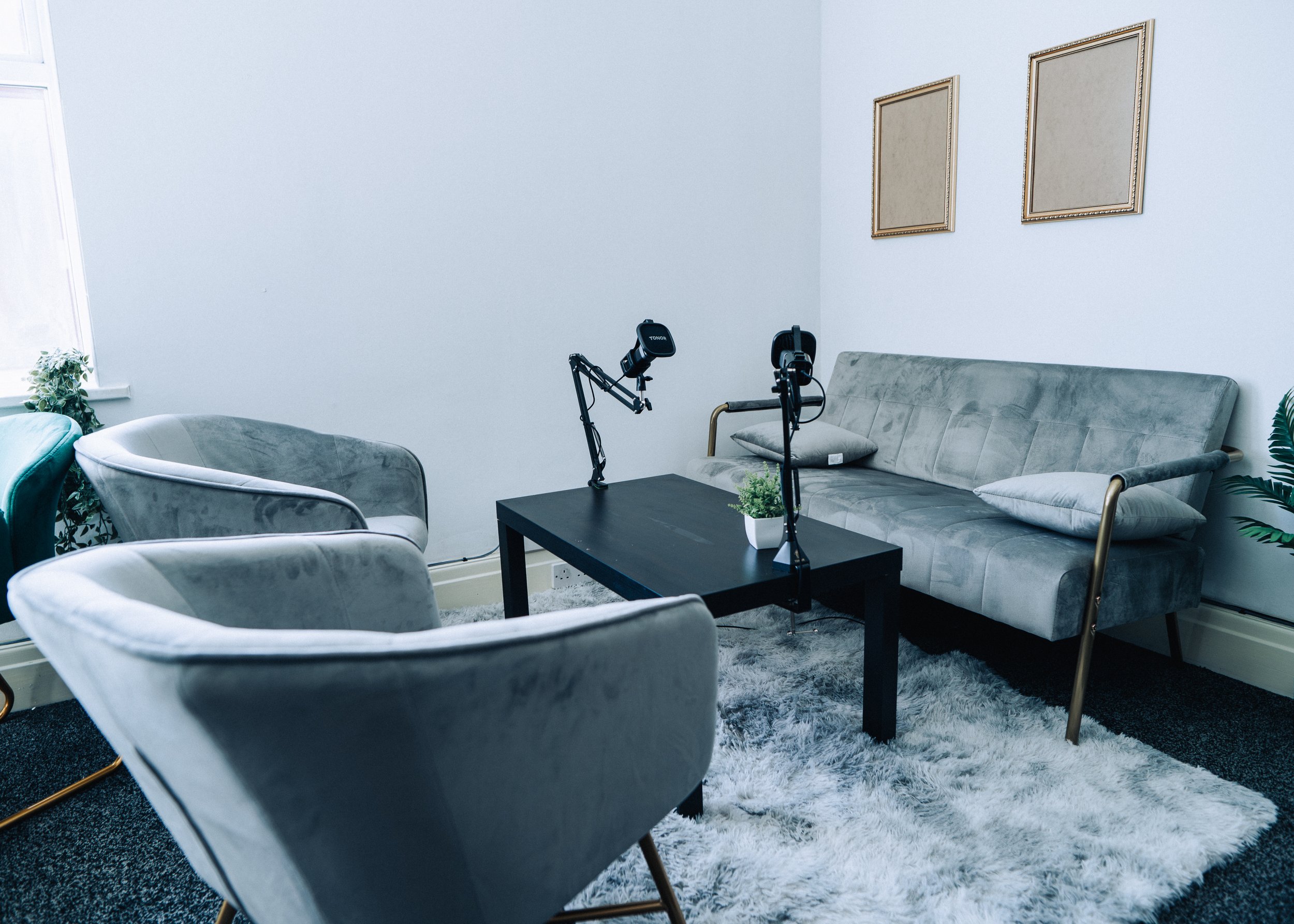 Studio wide shot — lighting, backdrops, space