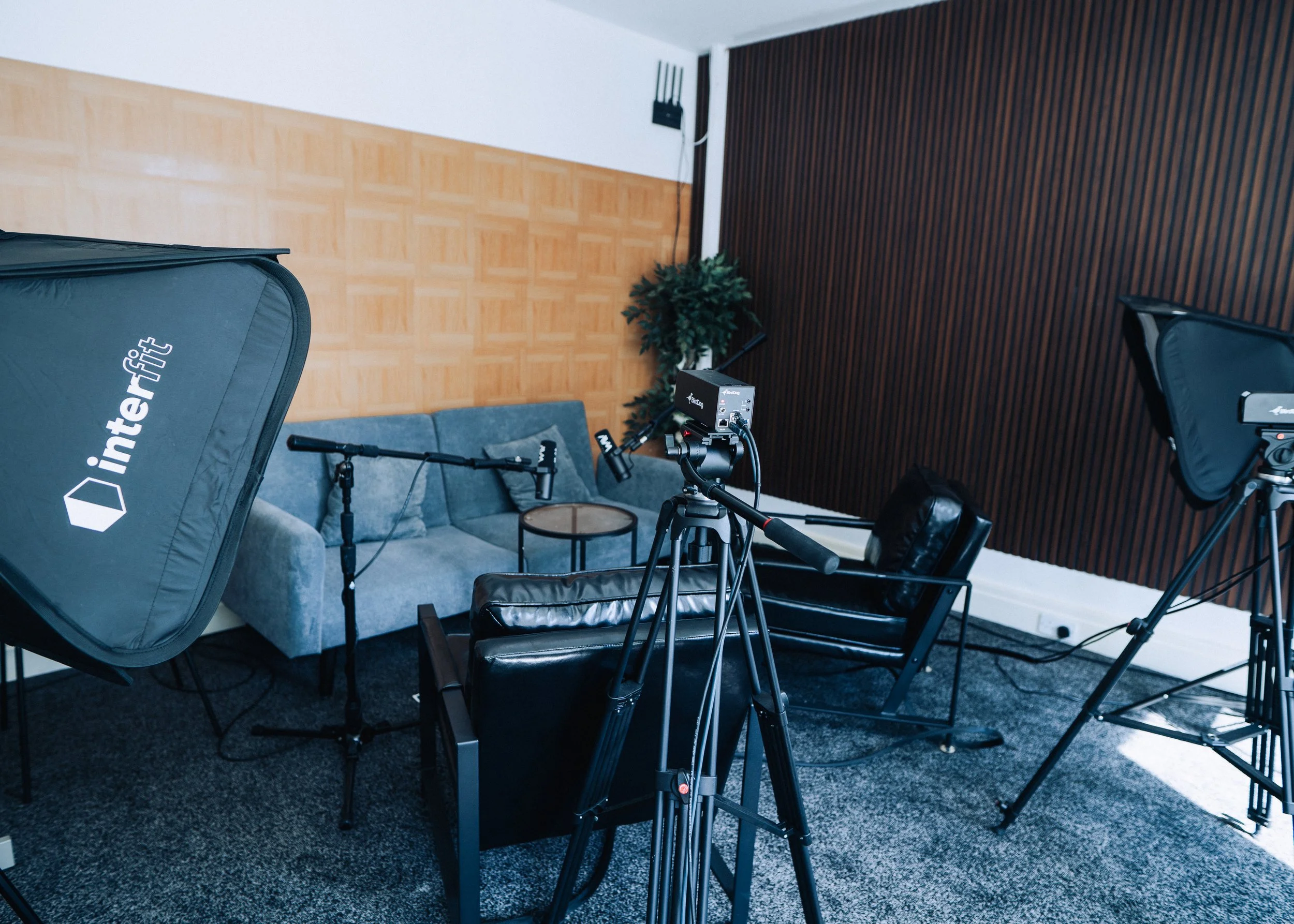 Equipment detail — camera, lights, green screen