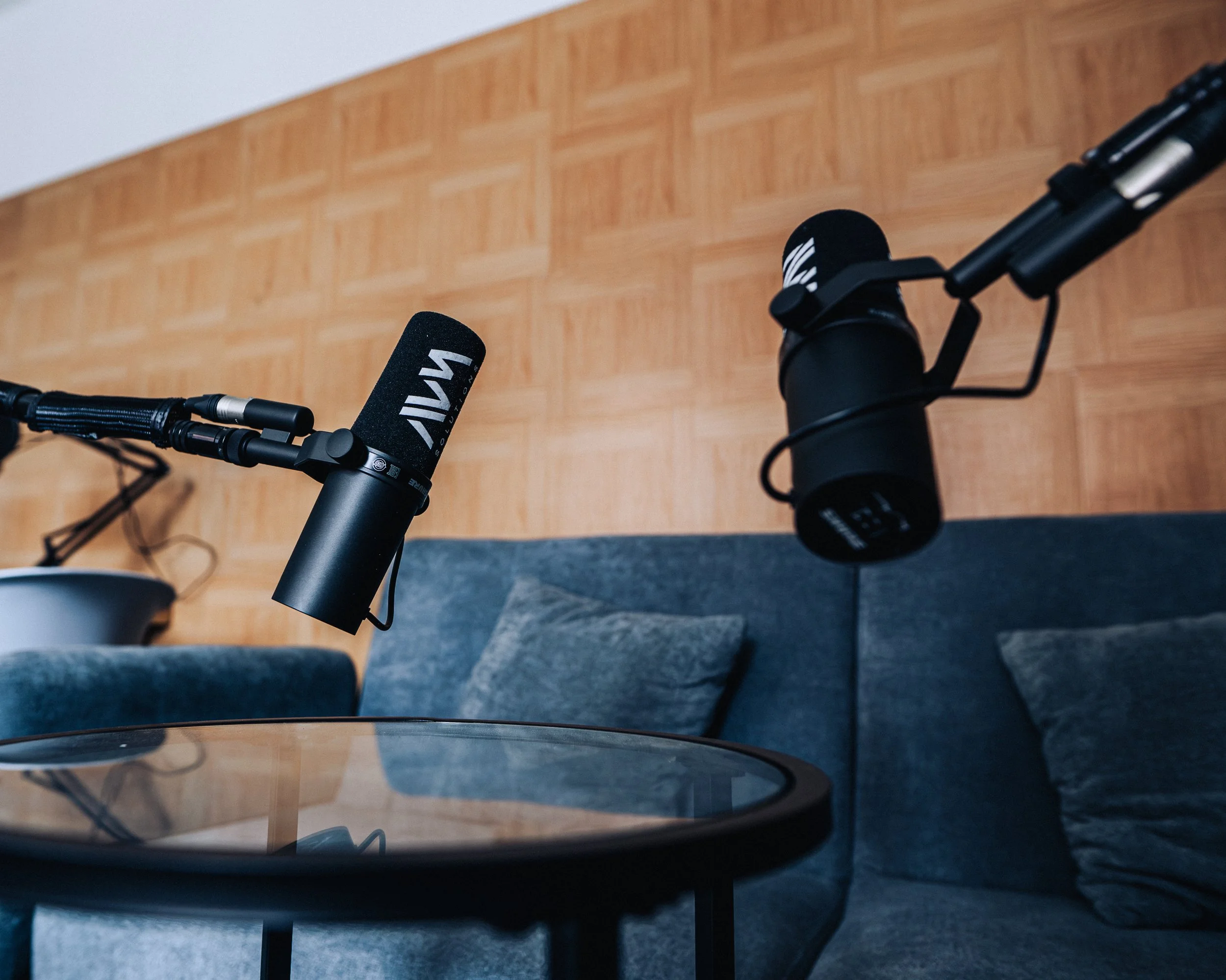 Podcast recording booth with microphones