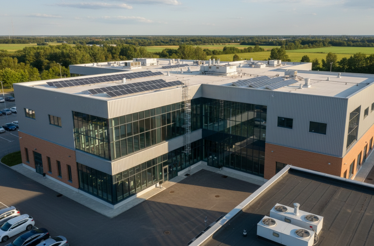 Peace of Mind Exteriors crew working on a commercial flat roof in Etobicoke