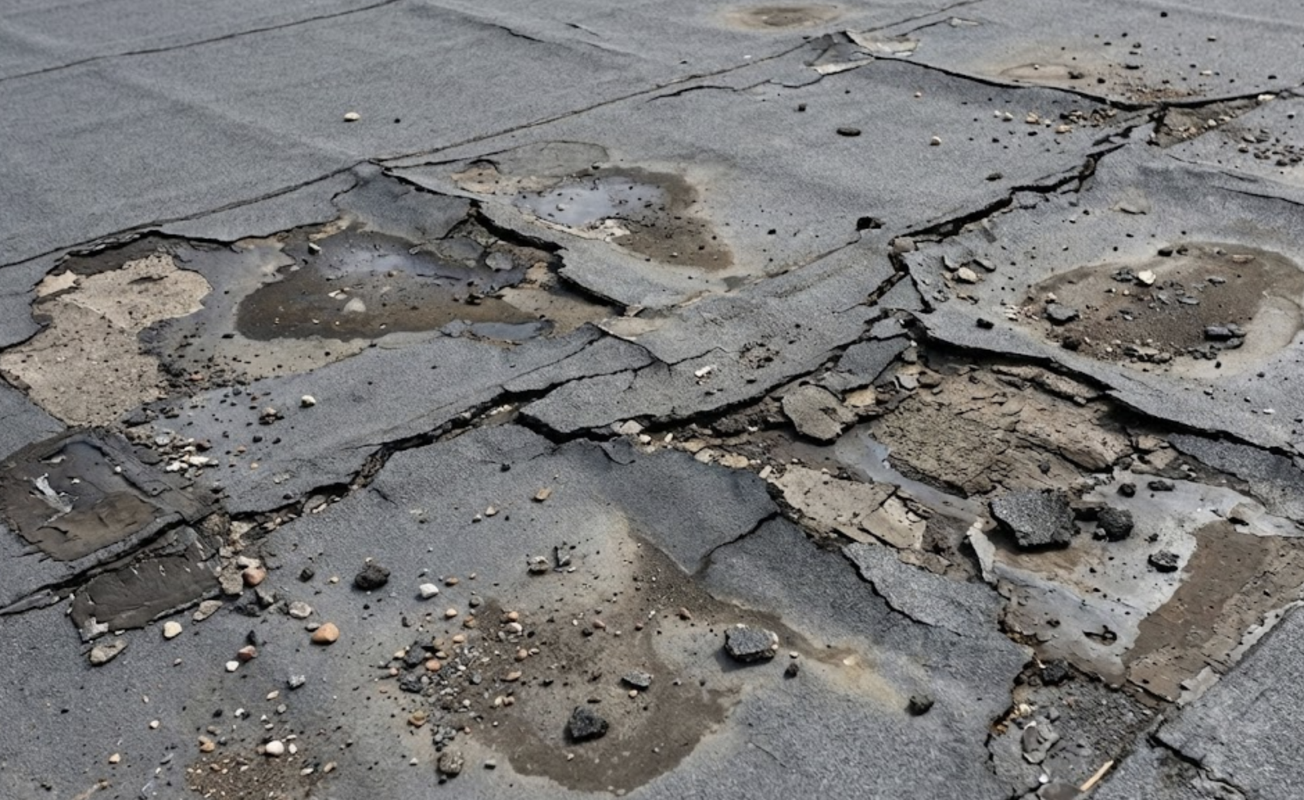 Close-up of flat low-slope roofing membrane with repaired seams