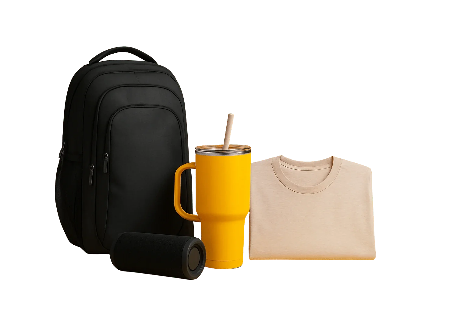 Branded backpack, tumbler, speaker, and shirt