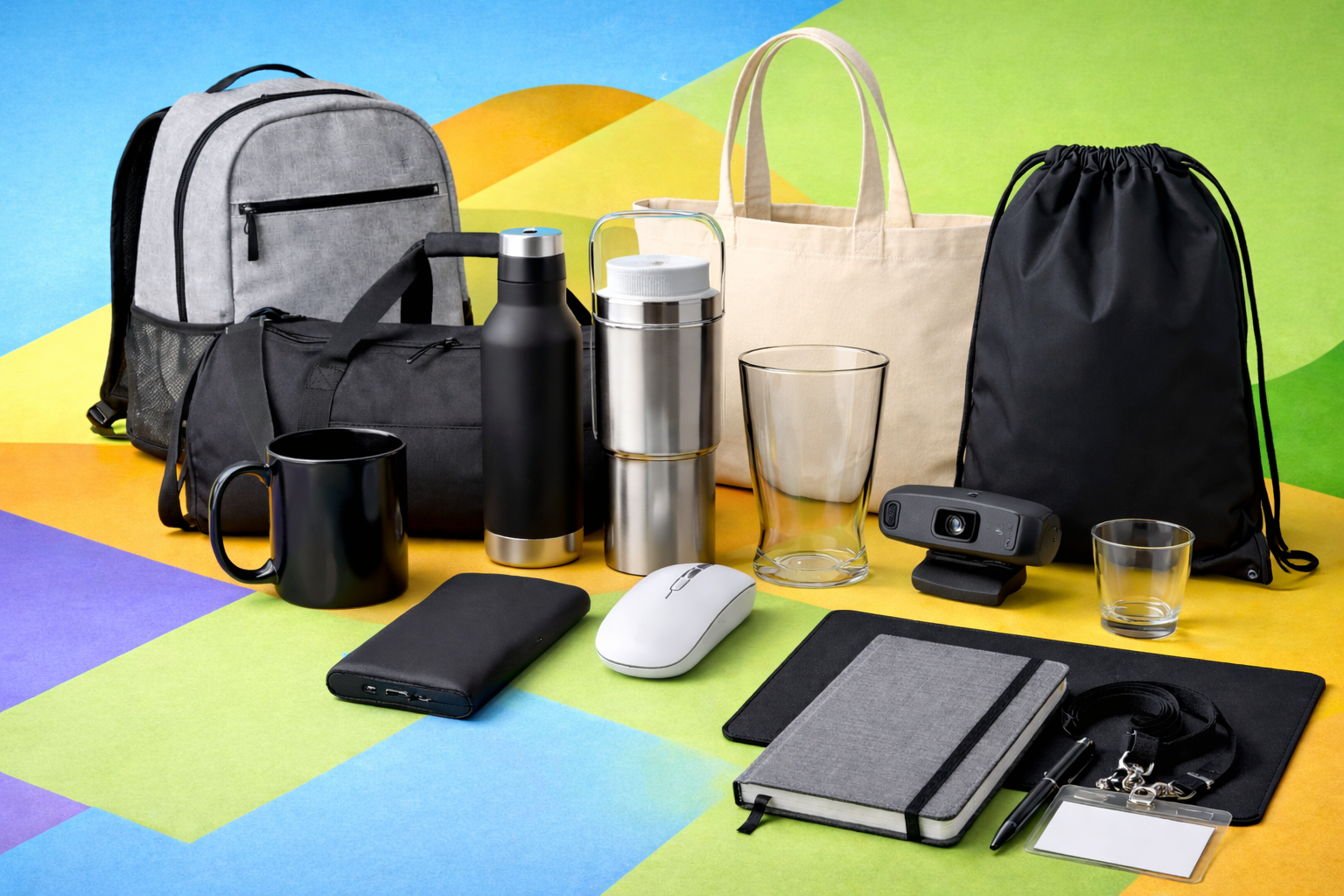 Custom promotional products including drinkware, bags, and branded essentials