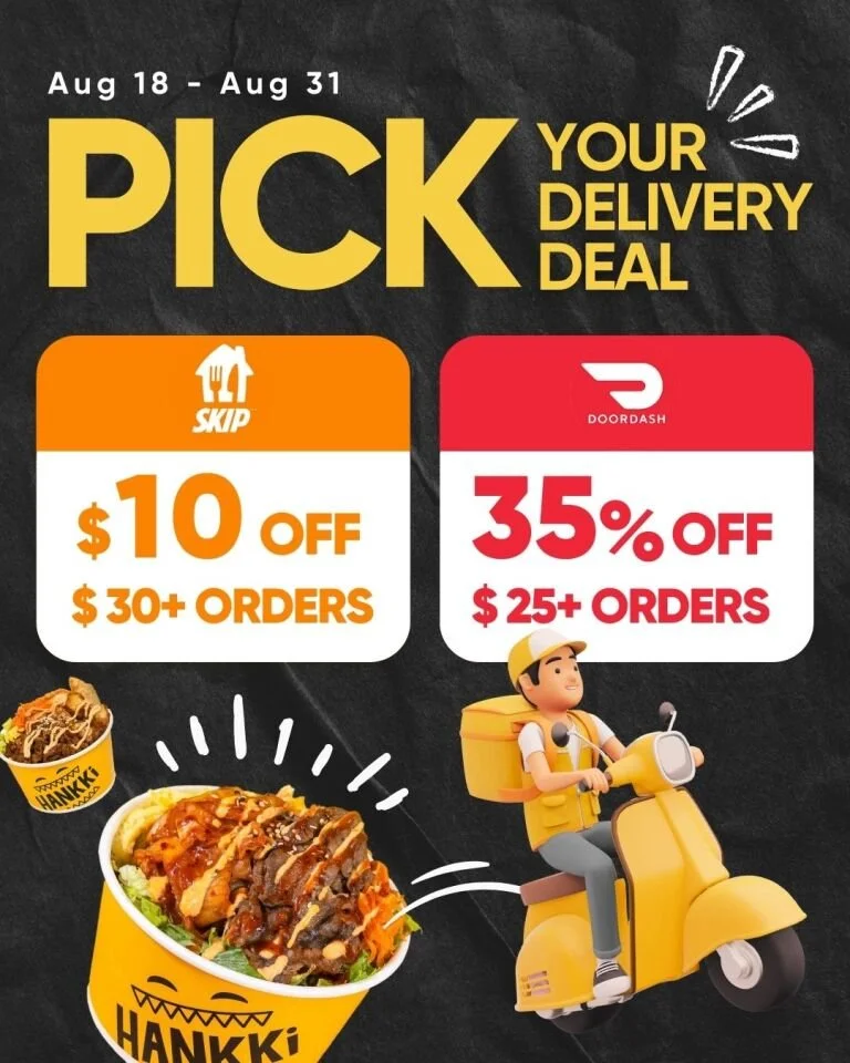Hankki delivery promotion banner offering $10 off Skip orders over $30 and 35% off DoorDash orders over $25 from August 18 to 31, with Korean street food bowl and delivery rider illustration