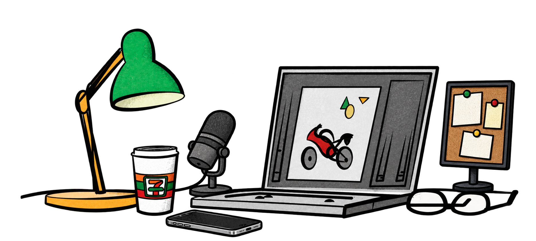 Joe’s desk drawing with a lamp, 7-Eleven coffee, laptop, glasses, podcast microphone, phone and small note board