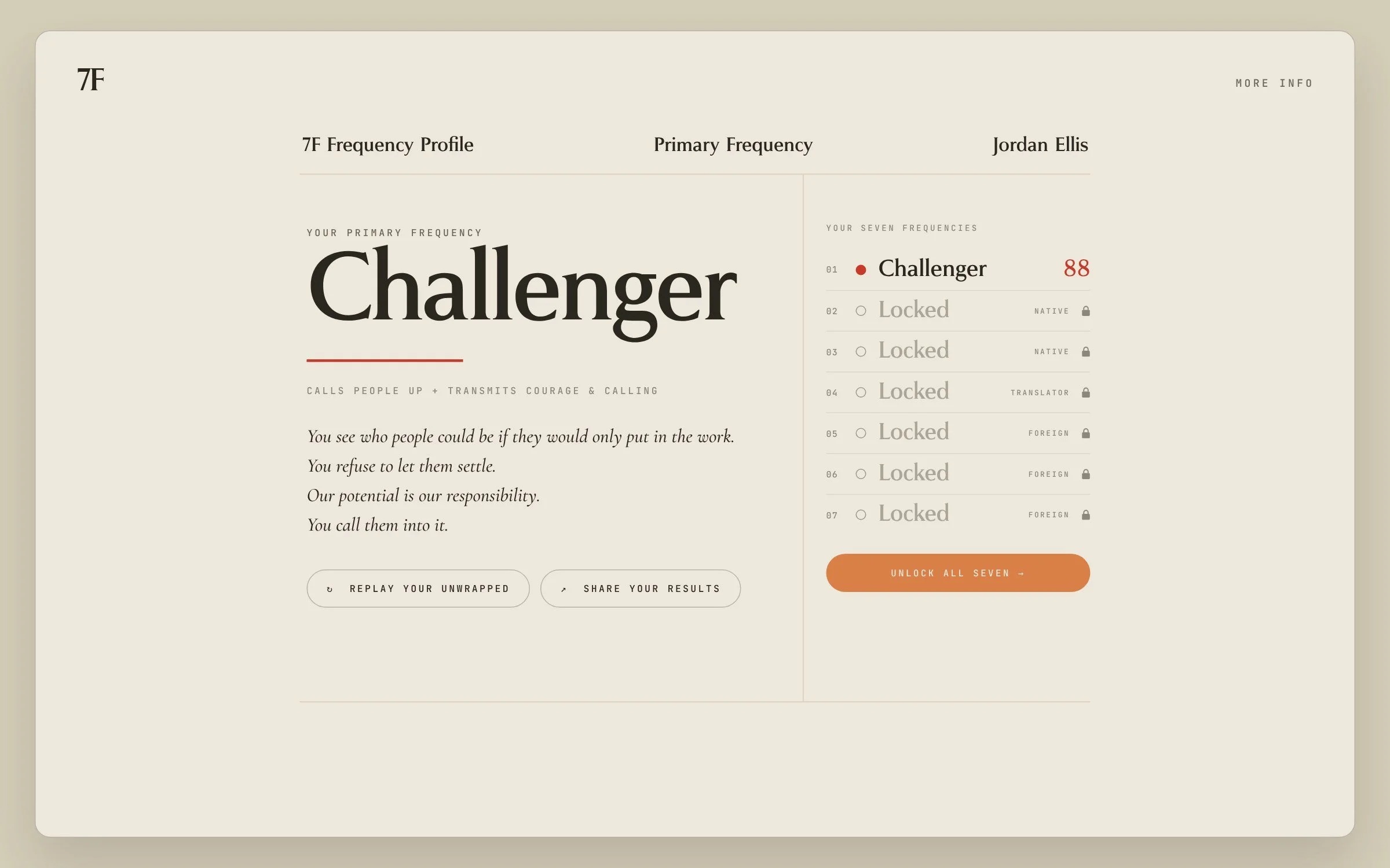 A sample free results page showing a Challenger core frequency with six frequencies locked