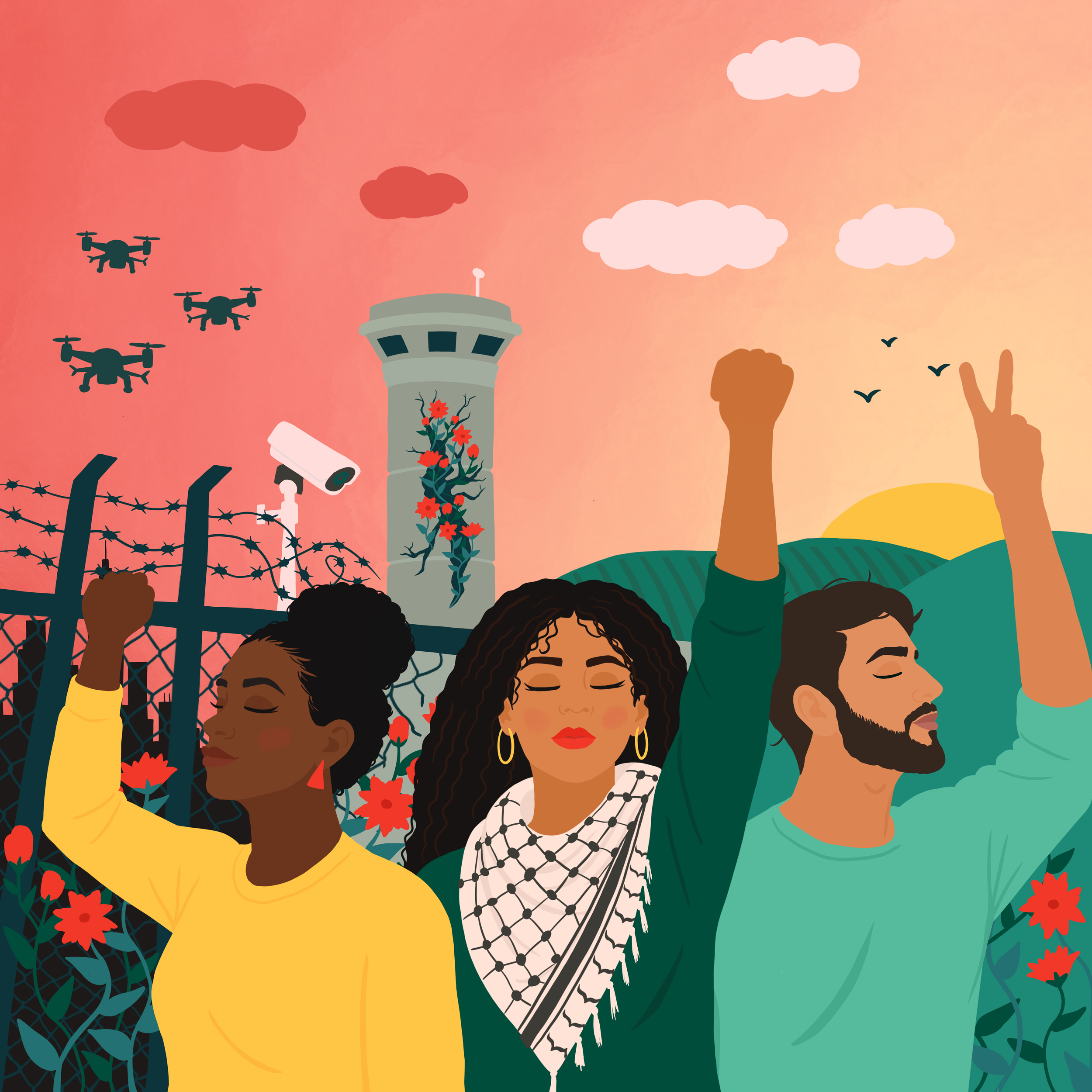 Illustration of organizers resisting surveillance and militarized technology, with raised fists, a Palestinian keffiyeh, flowers, drones, cameras, and a watchtower.