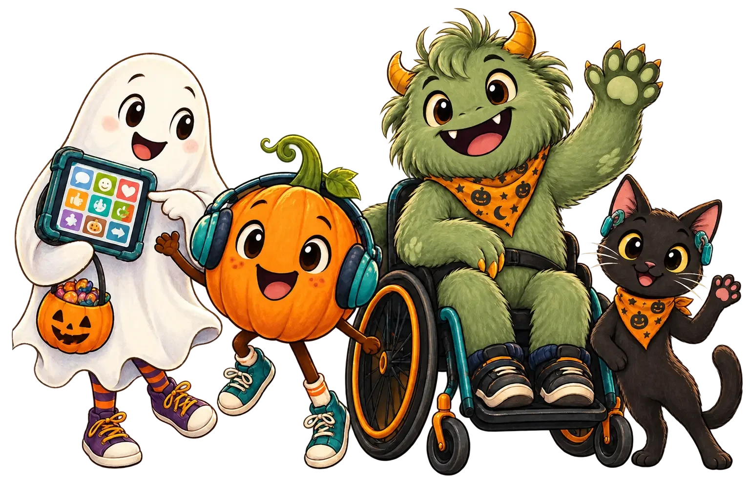 The BOO Crew: a friendly ghost using an AAC device, a pumpkin wearing sensory headphones, a green monster using a wheelchair, and a black cat wearing hearing aids