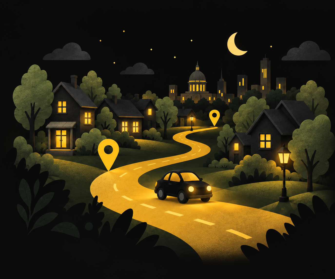 Illustrated neighborhood with a winding gold road, map pins and a small car