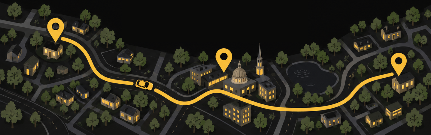 Cartoon neighborhood with a winding gold route, three map pins and a small car