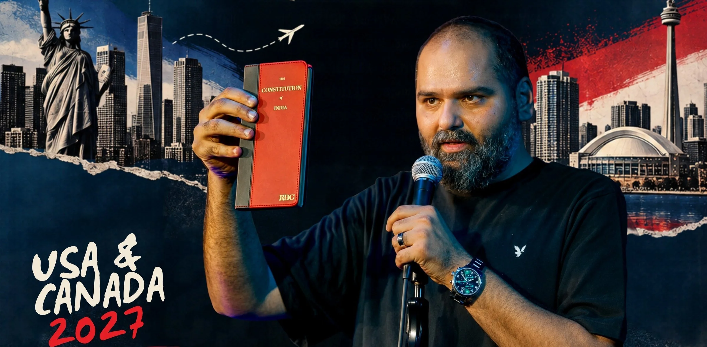 Kunal Kamra holding the Constitution of India, with the New York and Toronto skylines