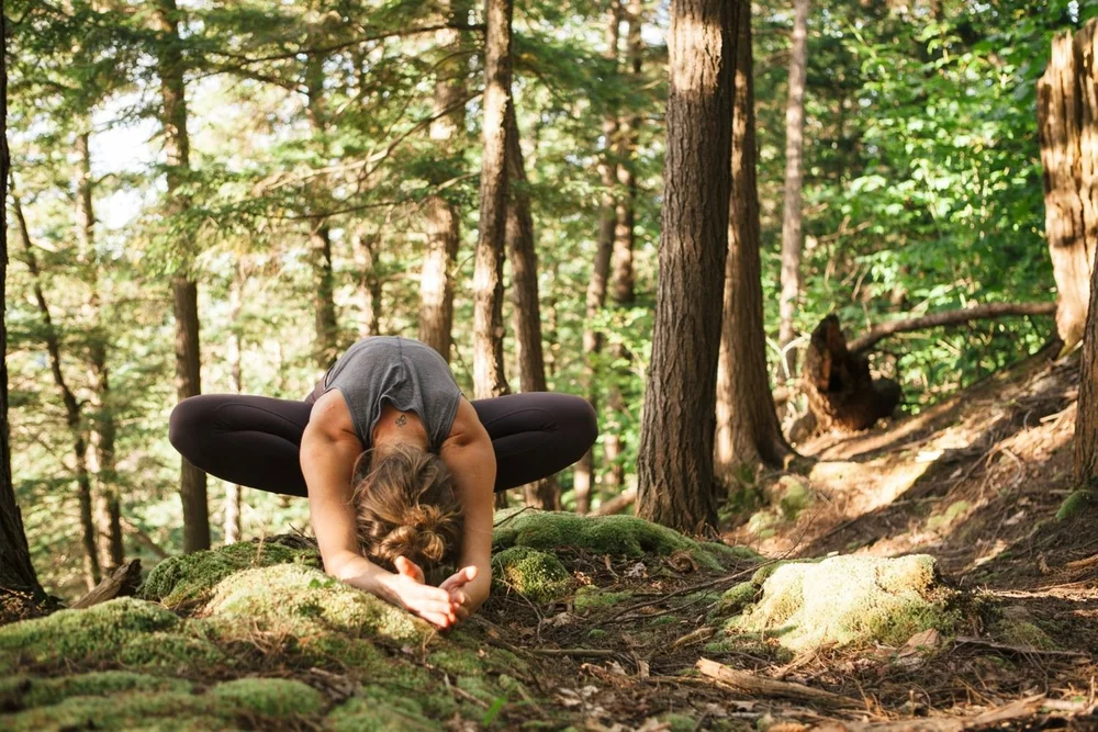 Folded Yin pose on moss
