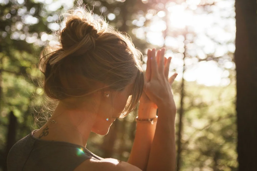 Hands in prayer in sunlight