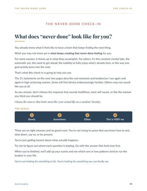 The Never-Done Check-In assessment page