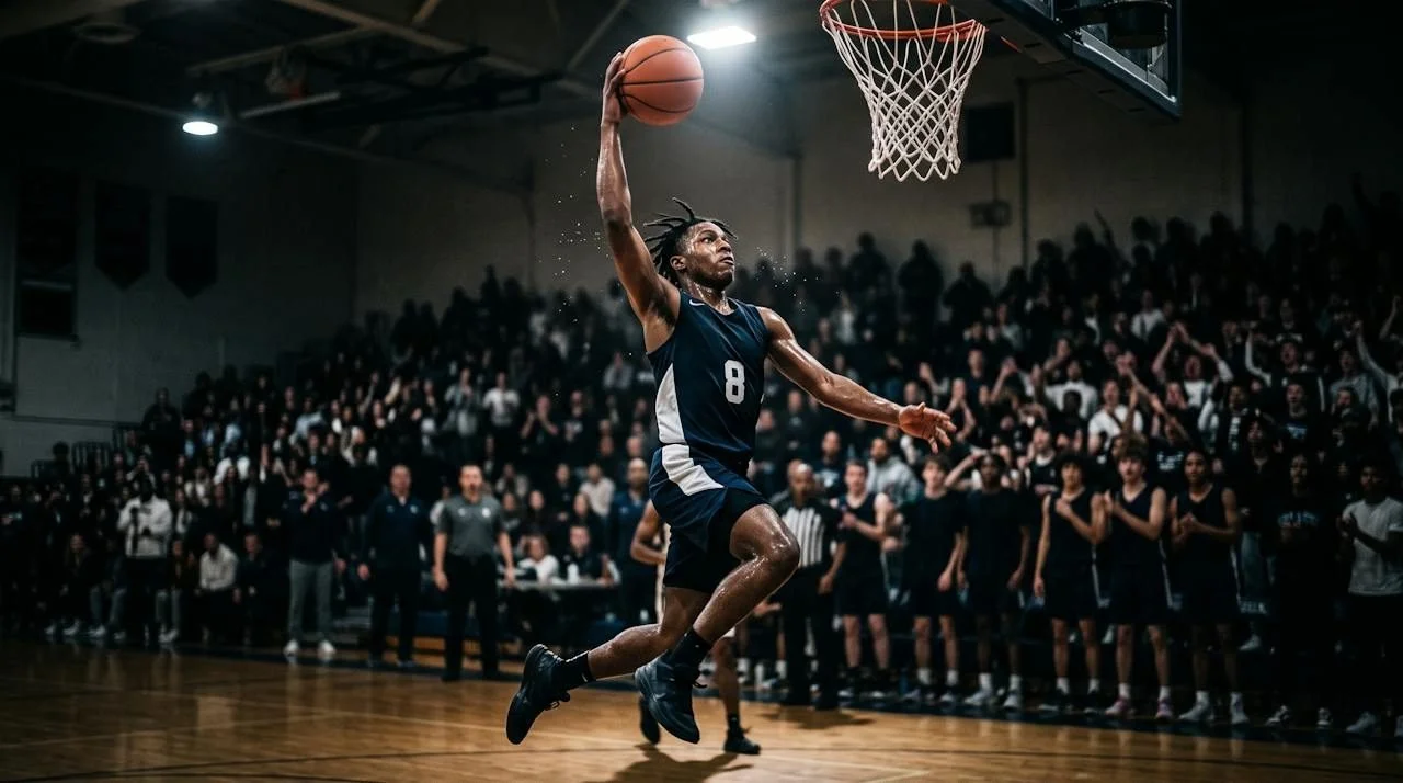 Basketball athlete going up for a layup
