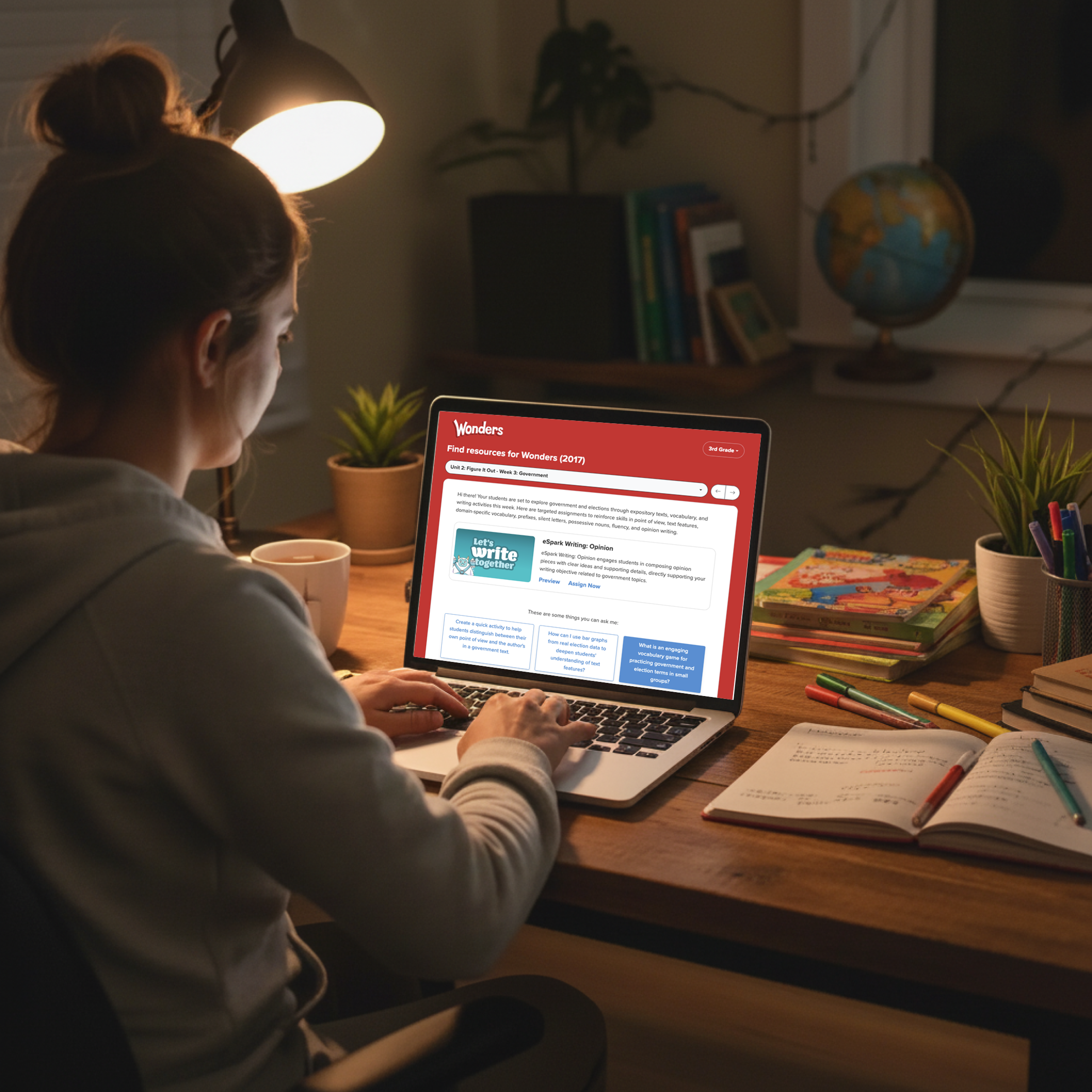 Teacher planning lessons with an AI-powered assistant on a laptop at a home desk