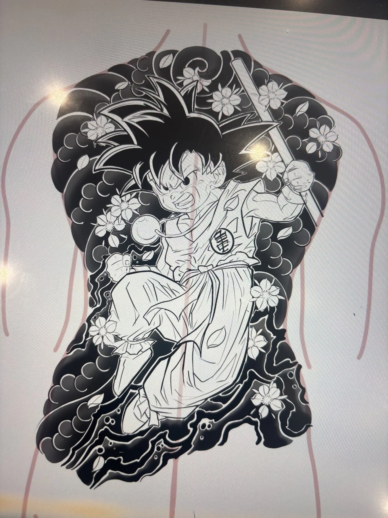 Initial Kid Goku backpiece drawing with cherry blossoms