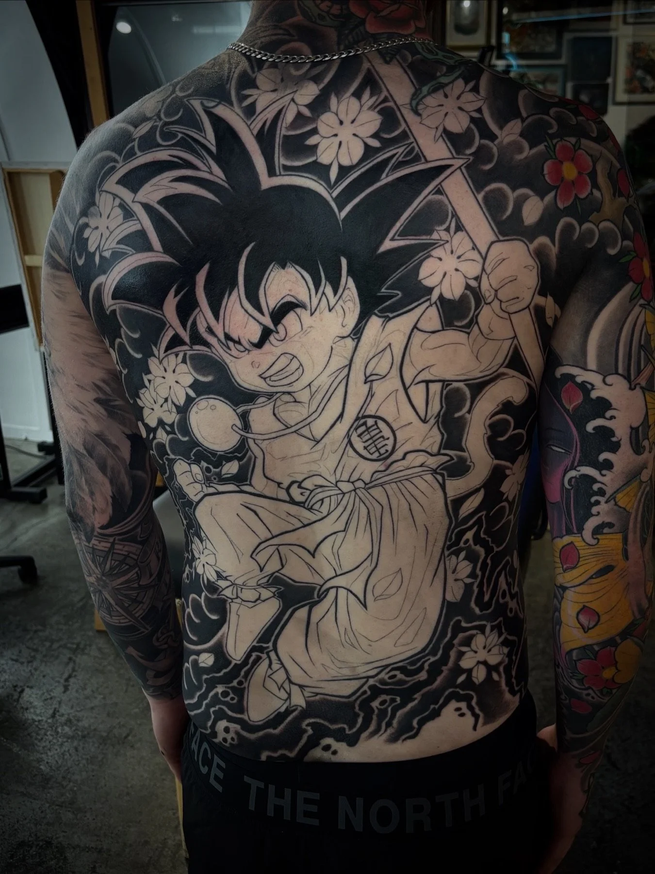 Later progress on Levi’s Kid Goku backpiece with the dark background filled