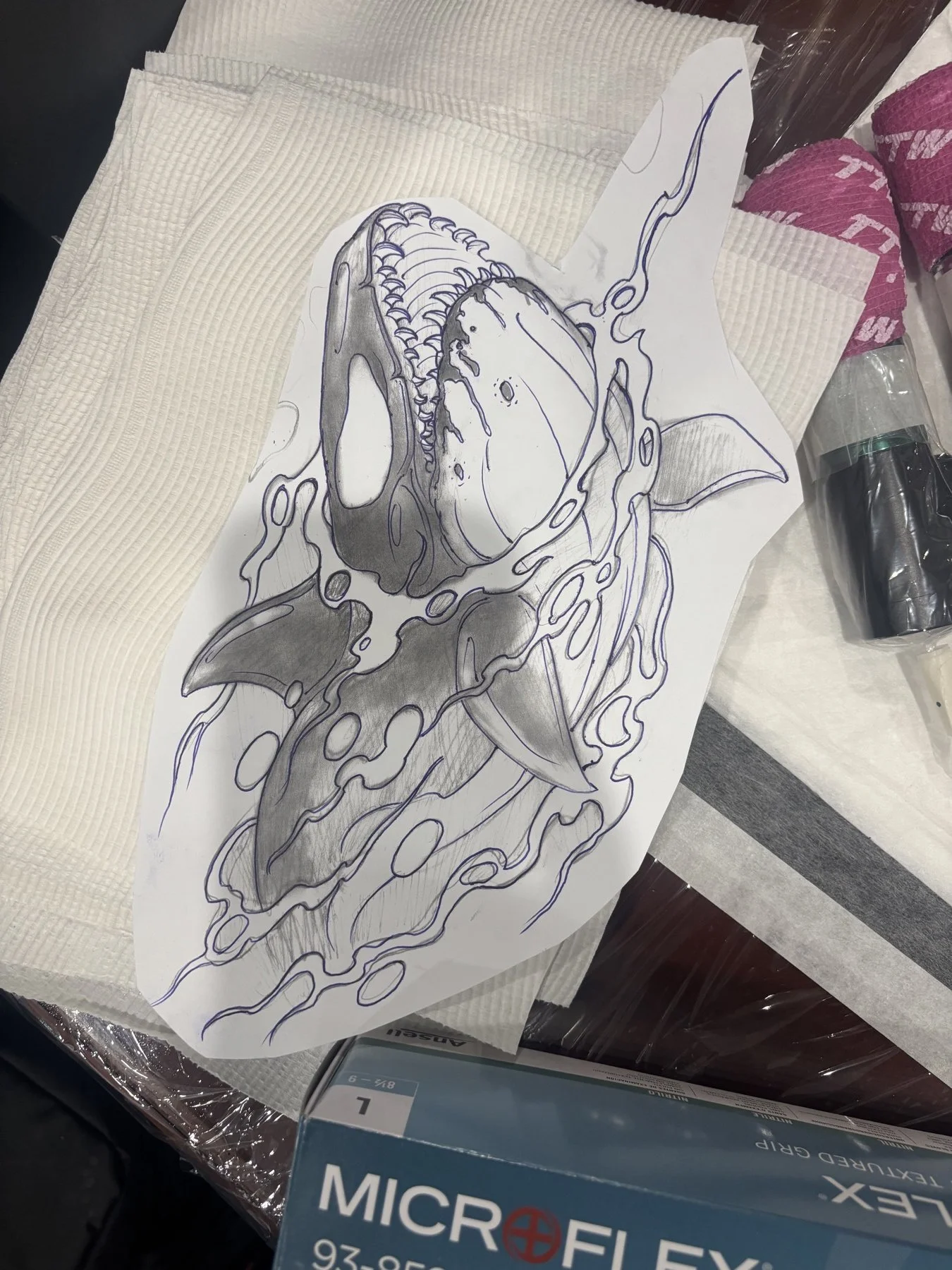 Finished orca line drawing prepared for tattooing