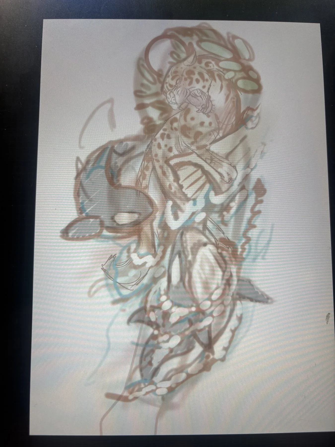 Initial sleeve sketch combining a leopard and orca around an existing inner forearm tattoo