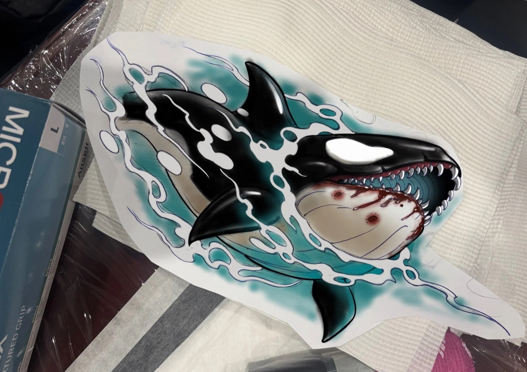 Digital colour plan for the orca tattoo with turquoise water