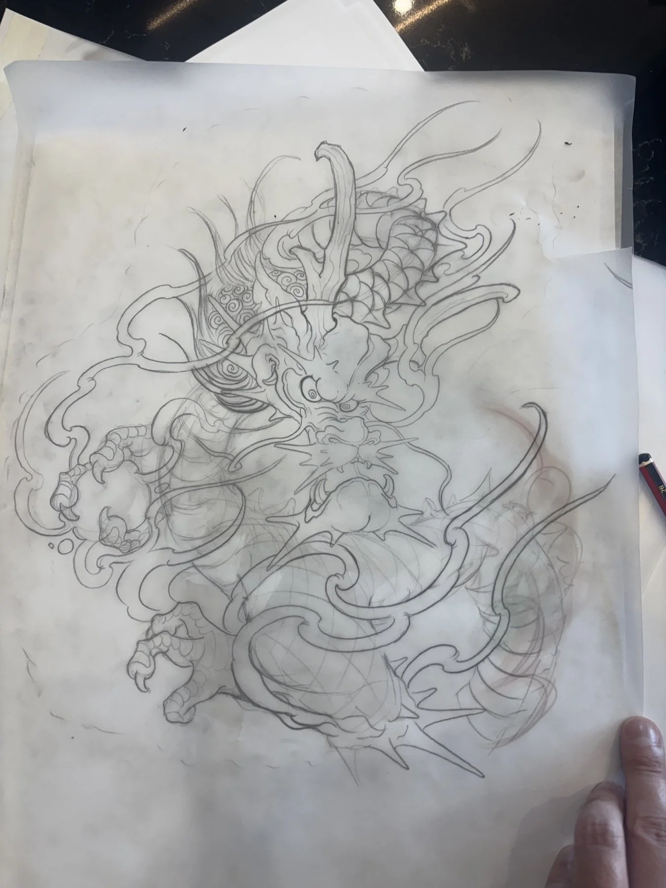 Full dragon half sleeve drawing on tracing paper