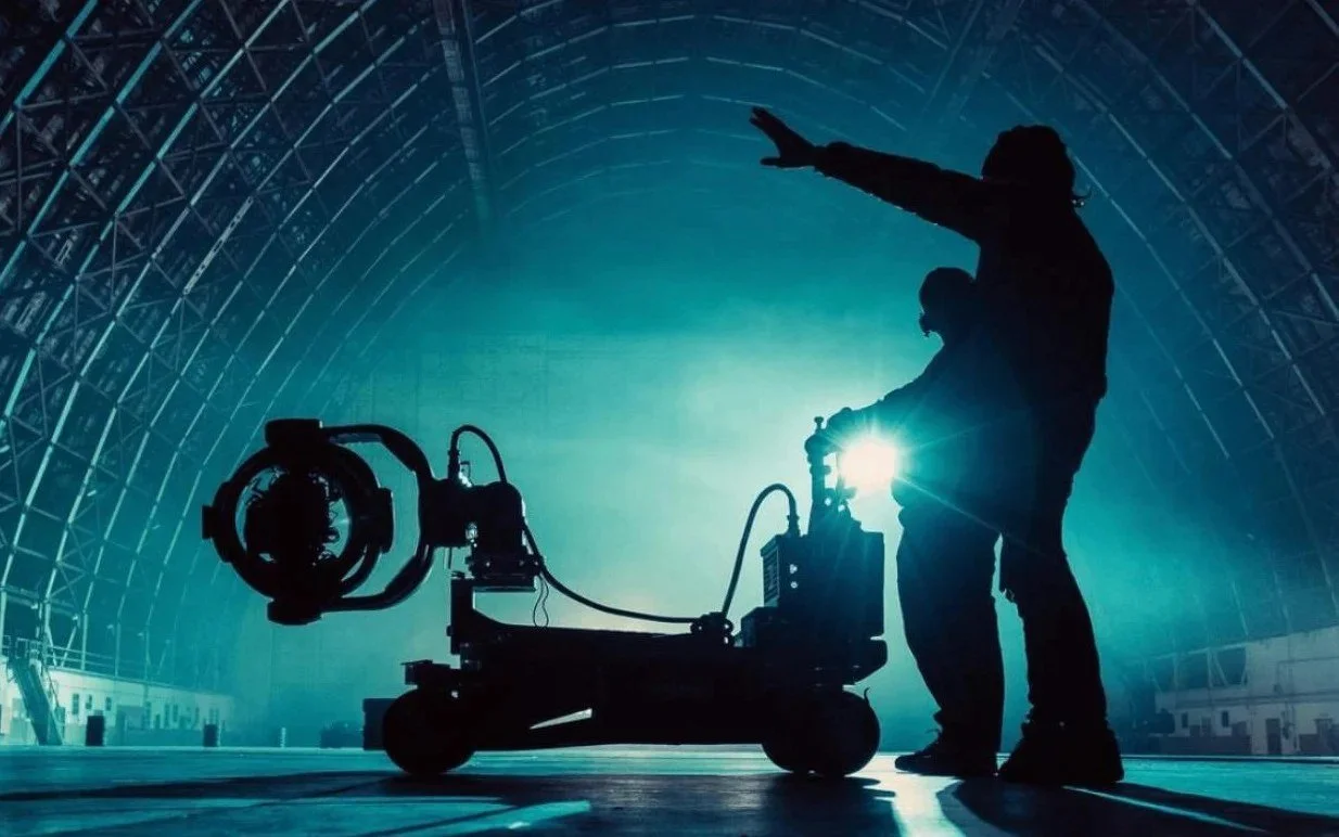 Chapman/Leonard camera dolly in silhouette in a hangar