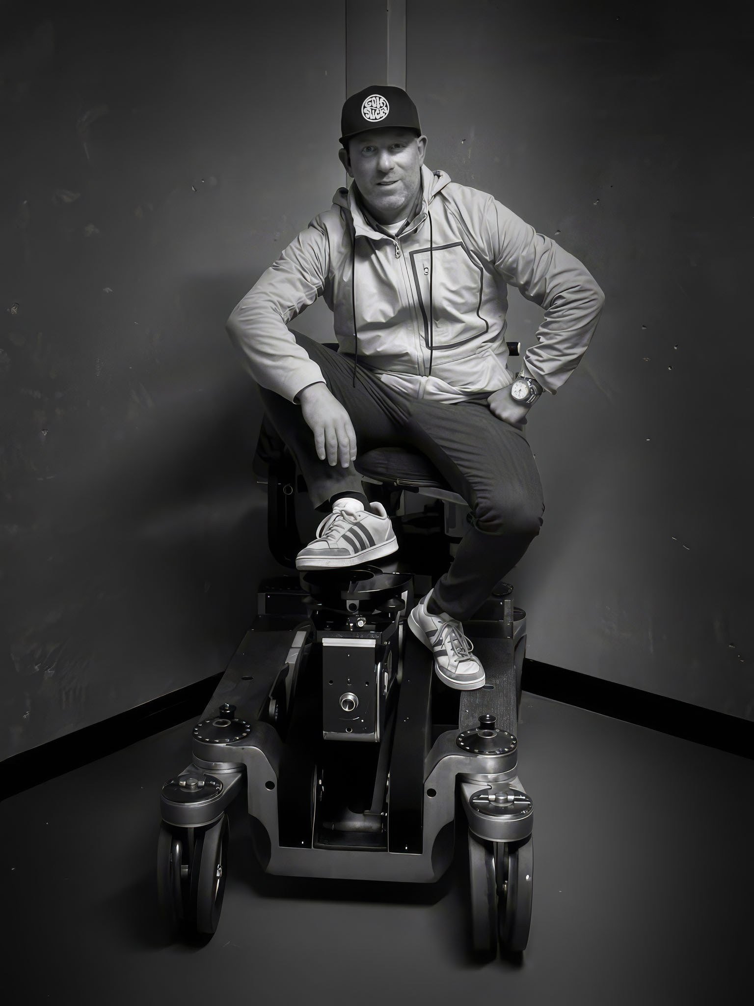 Eric "EZ" Zucker sitting on a camera dolly