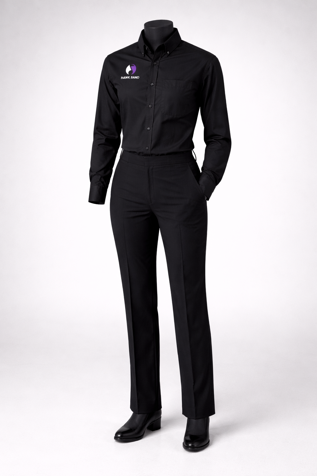 Ladies' formal concert attire: black Hawk Band button-down, black dress pants, black dress shoes.