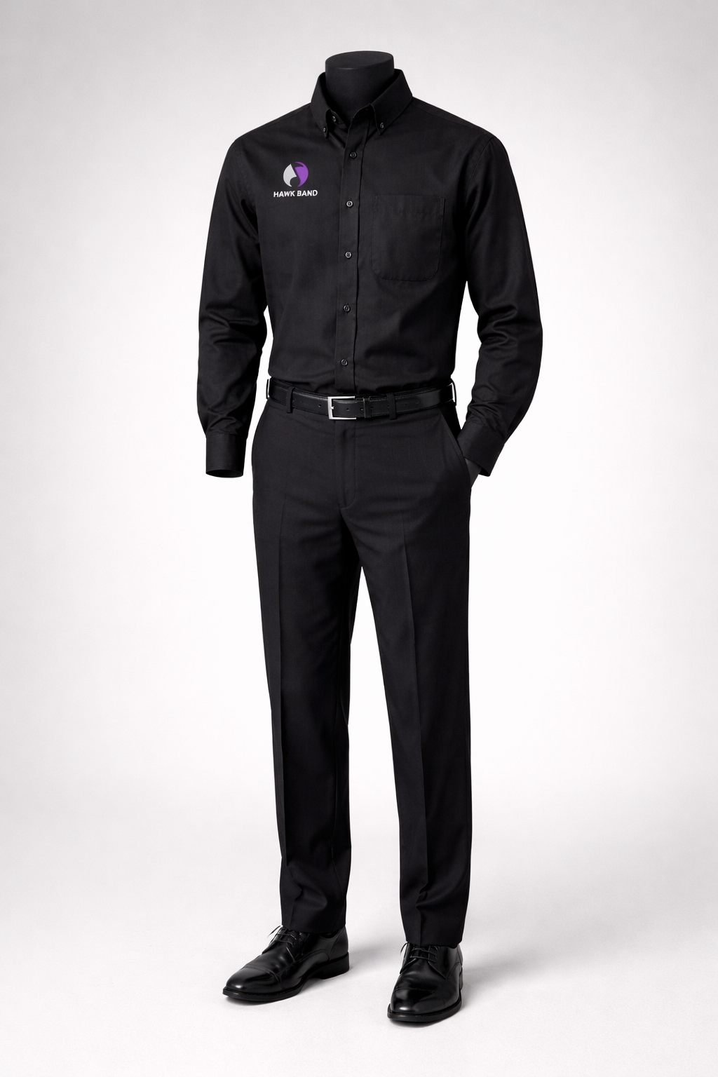 Gentleman's formal concert attire: black Hawk Band button-down, black dress pants, black belt, black dress shoes, black socks.