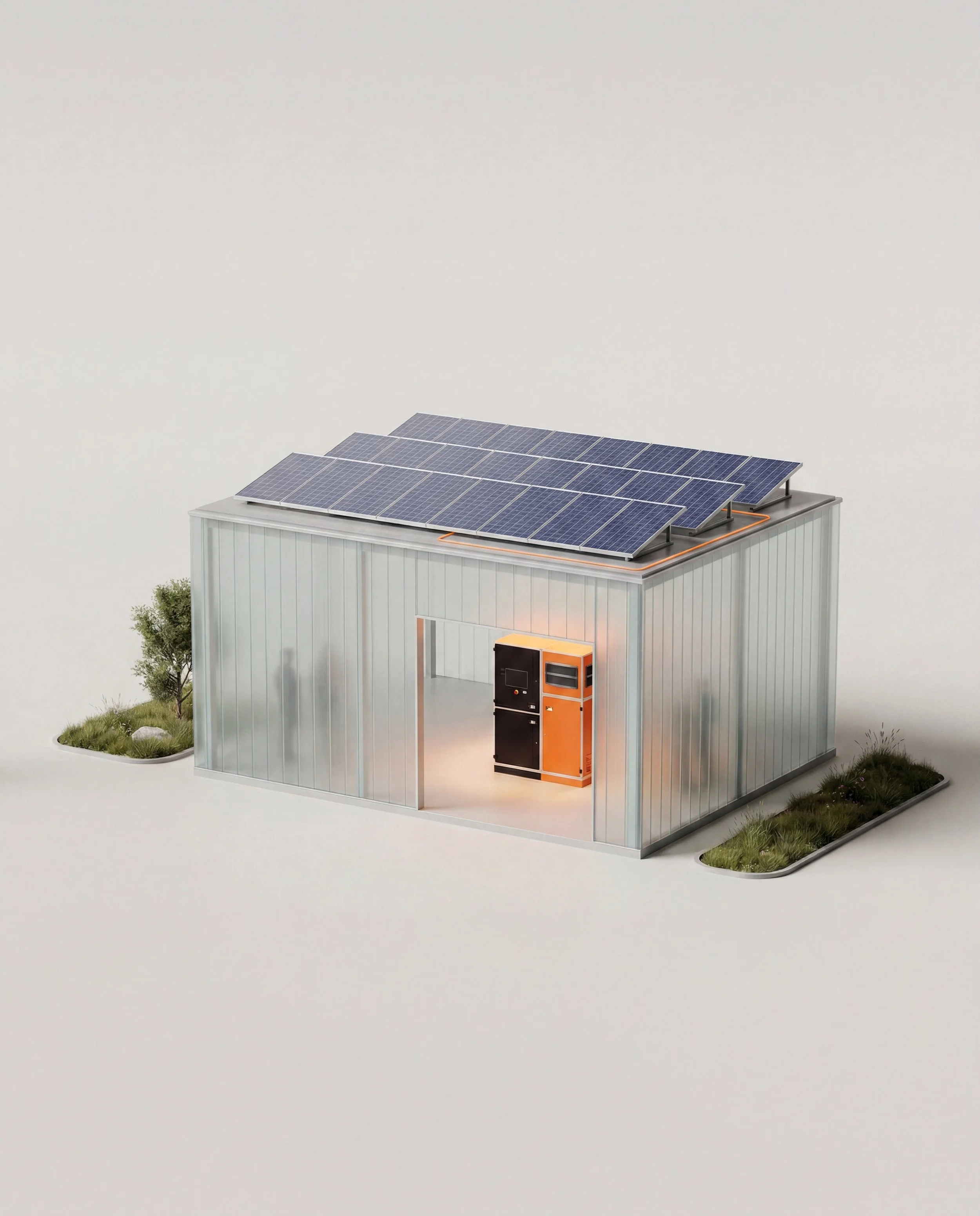 Illustrativer Unternehmensstandort mit PV-Anlage, integriertem EcoHash-System und Wärmenutzung