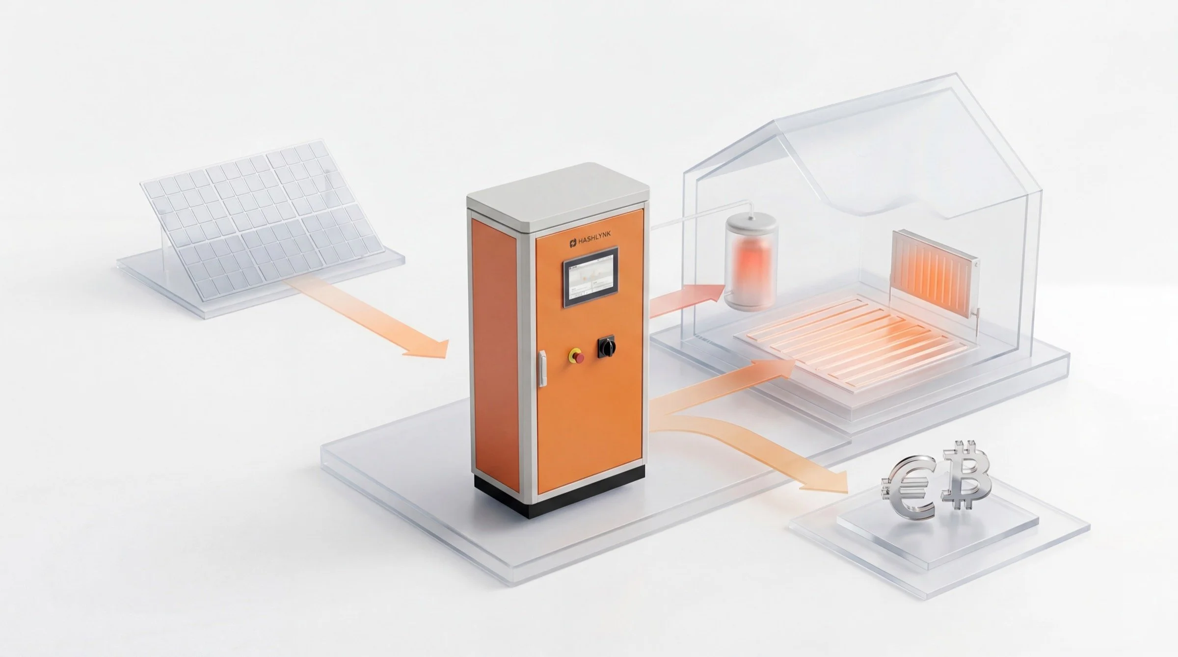 Schematische Illustration der HashUnit mit PV-Erzeugung, Heizunterstützung und wirtschaftlicher Verwertung von Überschussstrom