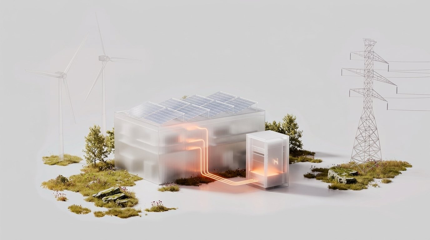 Abstrakte Darstellung eines Standorts, der Überschussstrom in ein HASHLYNK Rack führt