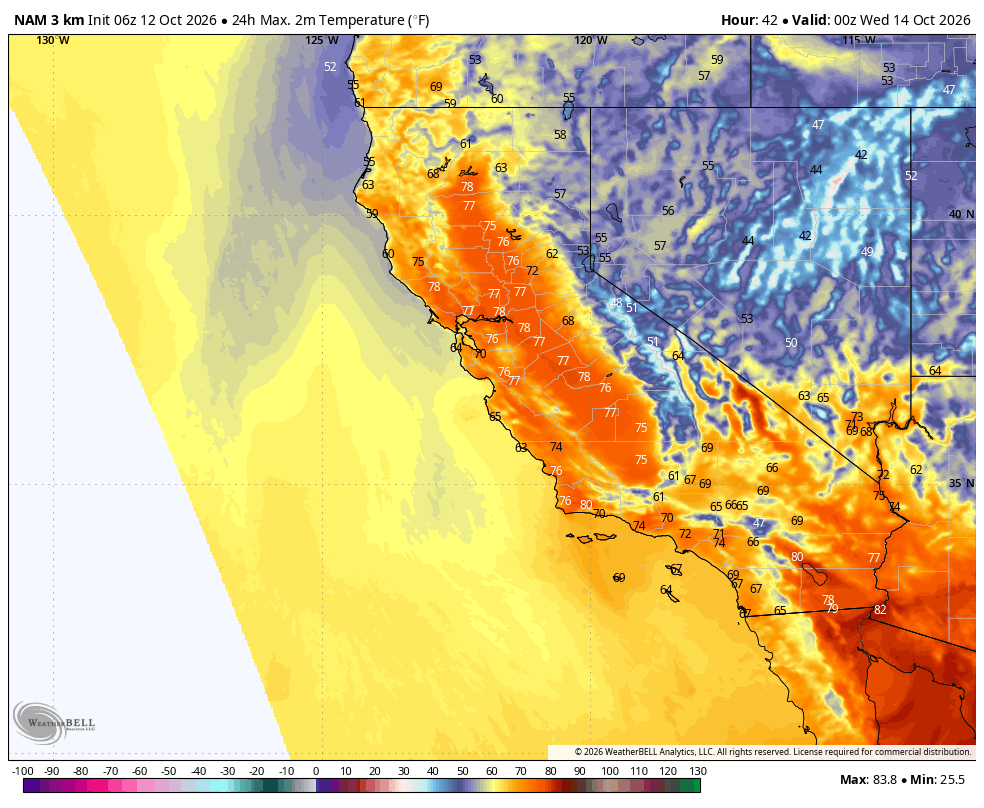 2m temperature · 24-hour maximum · Middle source frame, valid Oct 13 · 5:00 PM PDT