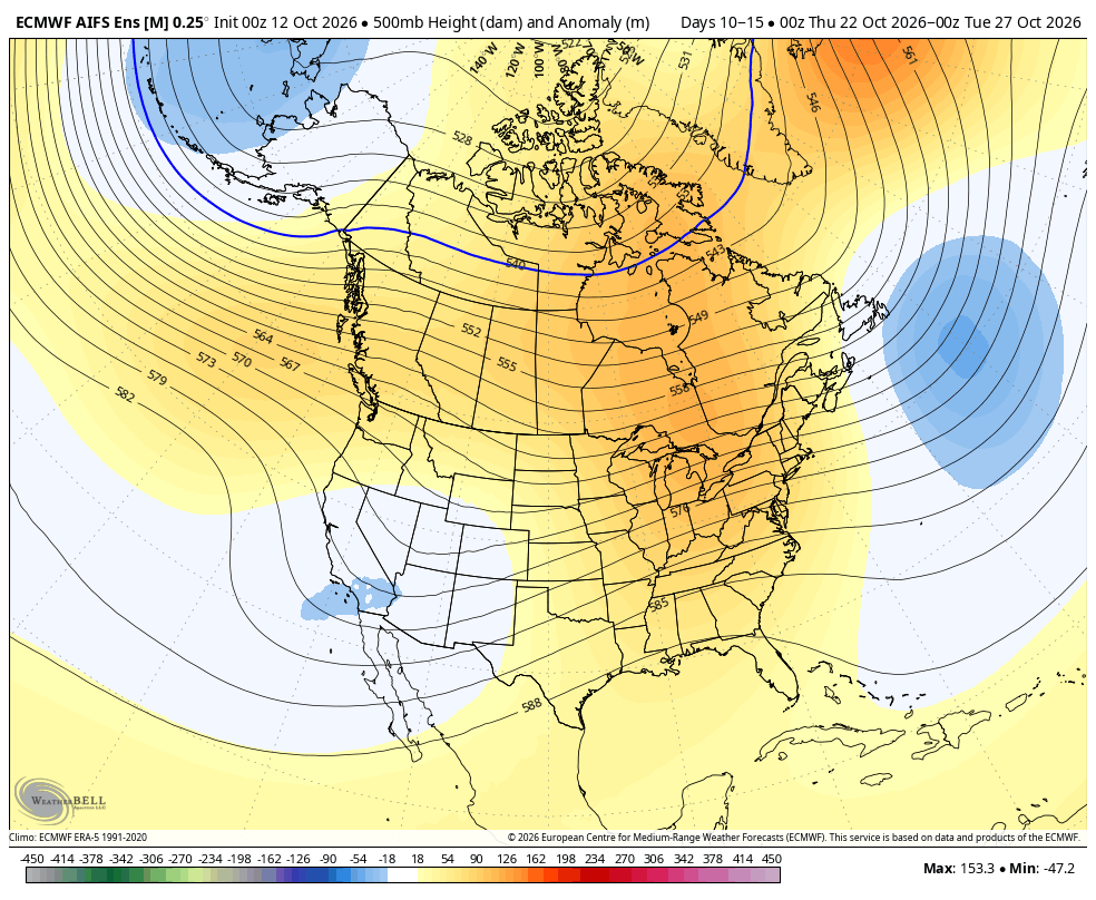 ECMWF AIFS ENS five-day height anomaly · Last · Oct 26, 5:00 PM PDT