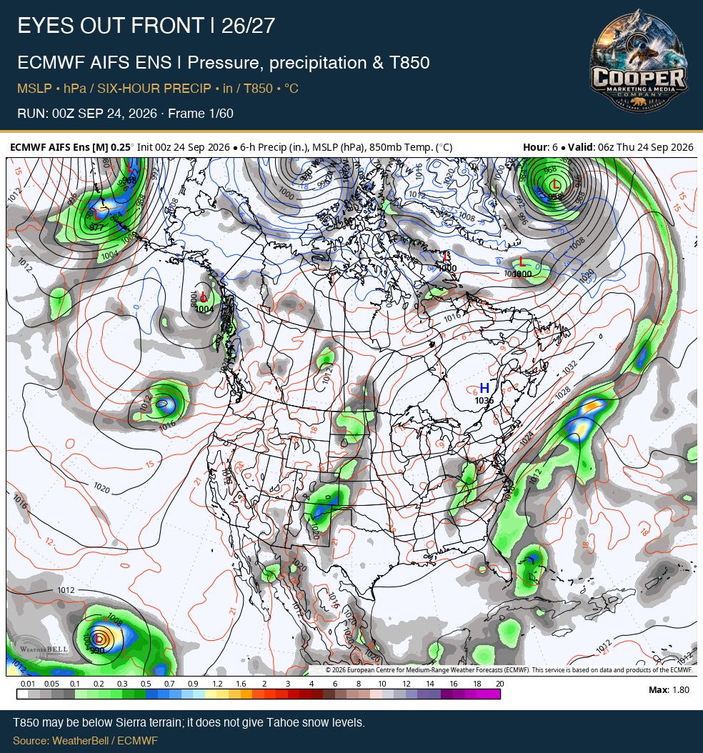 ECMWF AIFS ENS | Pressure, precipitation & T850, first frame