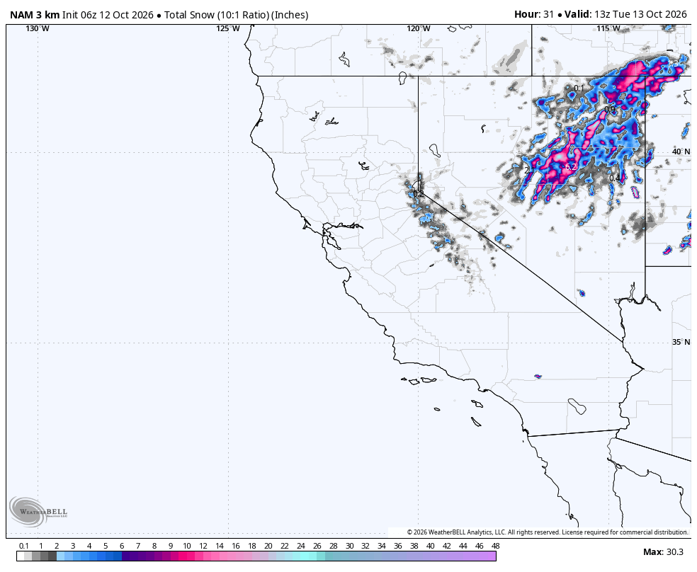 NAM 3km total snow · Middle · Oct 13, 6:00 AM PDT