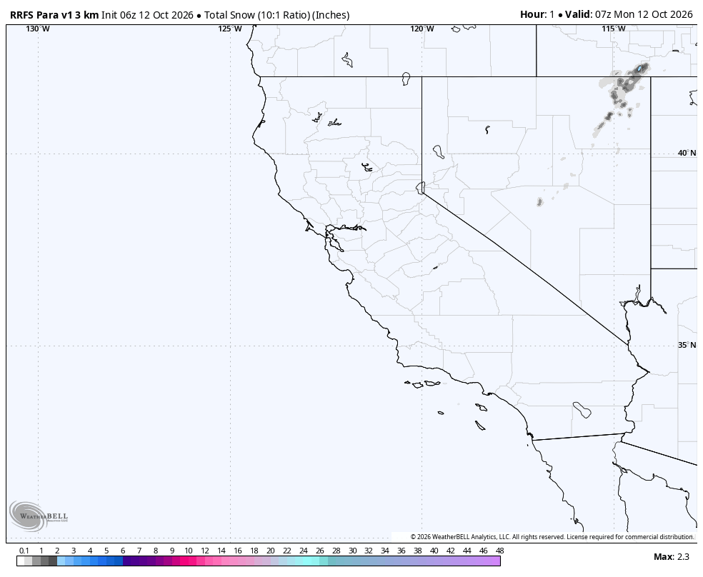RRFS Para v1 3km total snow · First · Oct 12, 12:00 AM PDT