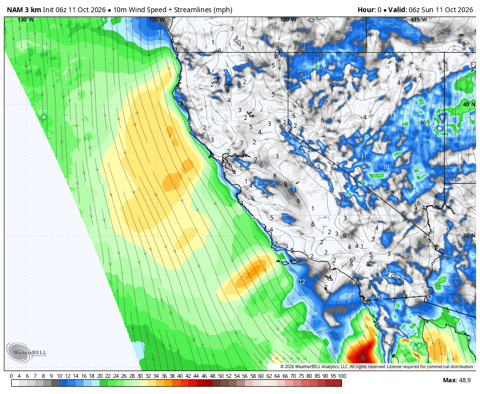 NAM 3km California · 10m wind speed · Wind speed and streamlines · mph · initialized Oct 10 · 11:00 PM PDT