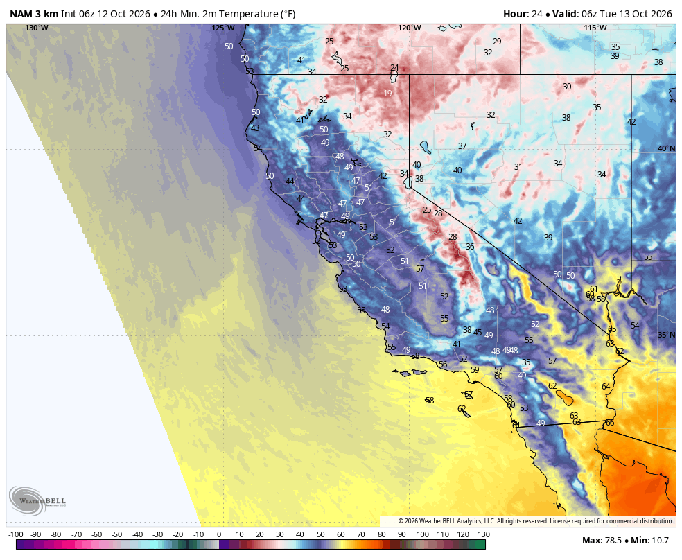 NAM 3km California · 2m temperature · 24-hour minimum · Rolling 24-hour minimum · °F · initialized Oct 11 · 11:00 PM PDT