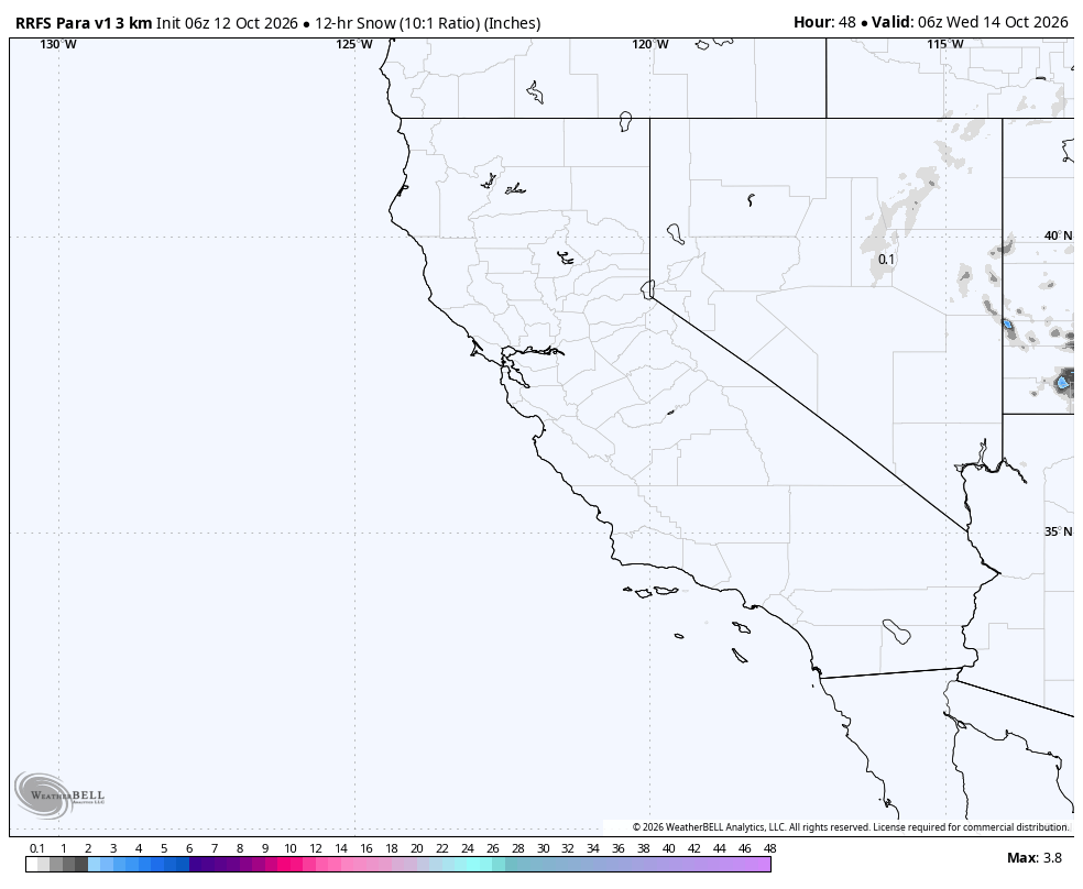 RRFS Para v1 3km 12-hour snow · Middle · Oct 13, 11:00 PM PDT