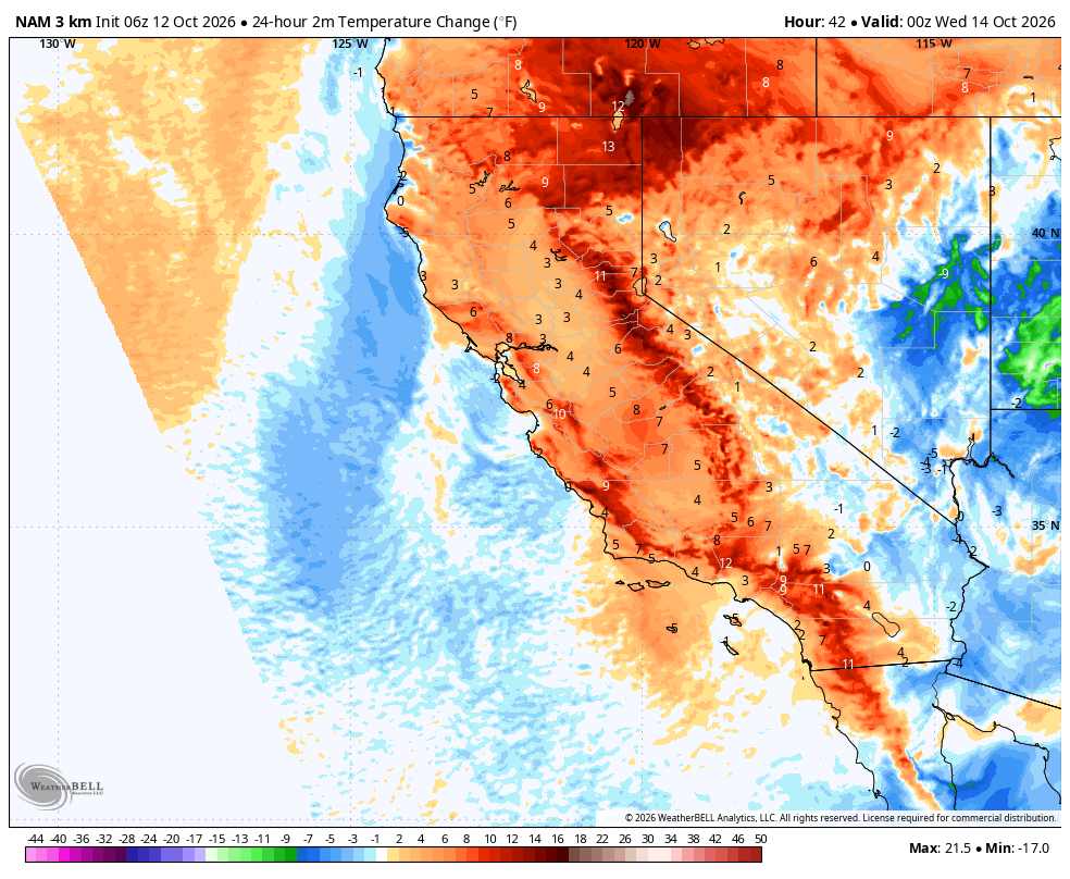 2m temperature · 24-hour change · Middle source frame, valid Oct 13 · 5:00 PM PDT