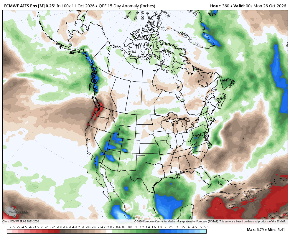 ECMWF AIFS ENS 15-day liquid precipitation anomaly in inches; initialized October 11 00Z and valid October 26 00Z