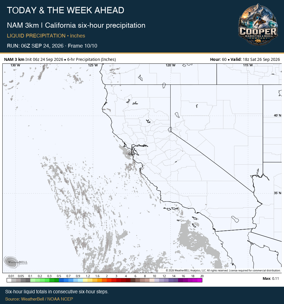 NAM 3km | California six-hour precipitation, final frame
