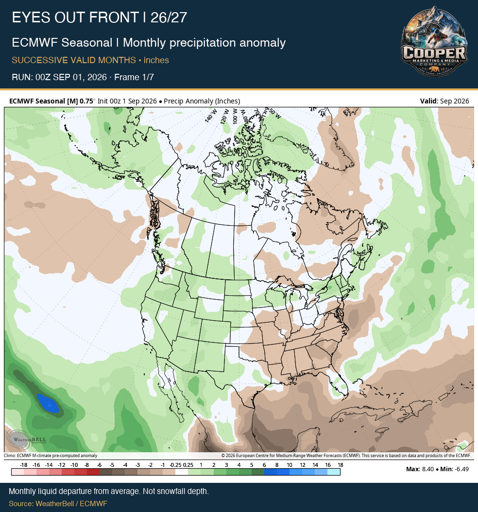 ECMWF Seasonal | Monthly precipitation anomaly, RUN: 00Z SEP 01, 2026
