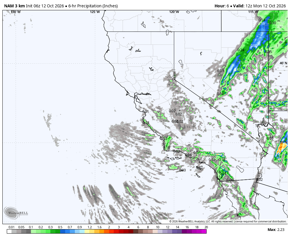 NAM 3km six-hour precipitation · First · Oct 12, 5:00 AM PDT