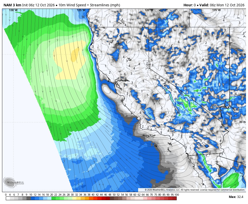 10m wind speed · First source frame, valid Oct 11 · 11:00 PM PDT