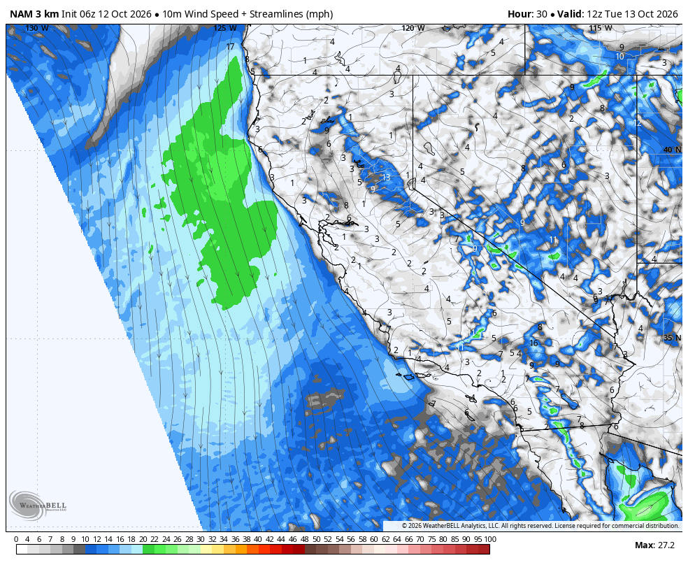 10m wind speed · Middle source frame, valid Oct 13 · 5:00 AM PDT