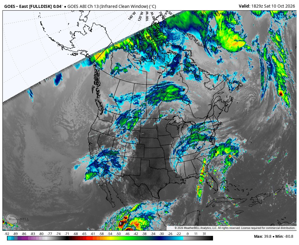 GOES-East [FULLDISK] 0.04° · North America · Observed Oct 10, 11:29 AM PDT through Oct 11, 4:09 AM PDT.