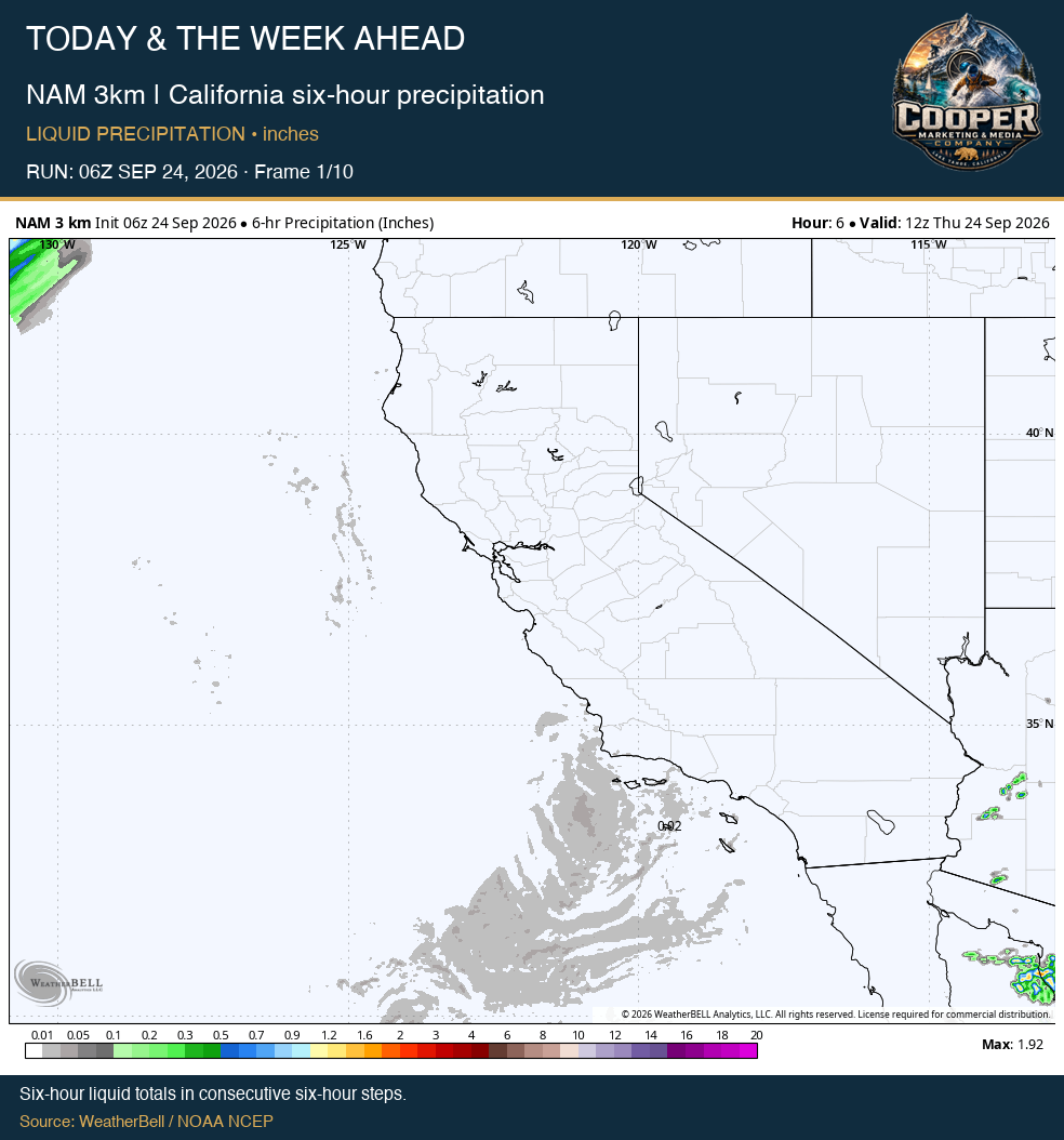 NAM 3km | California six-hour precipitation, first frame